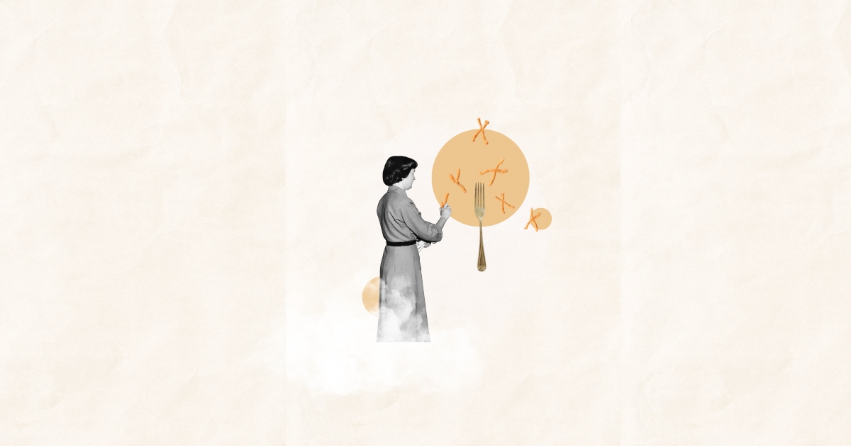 Illustration d’une femme observant des chromosomes et une fourchette, symbolisant le lien entre génétique et alimentation.