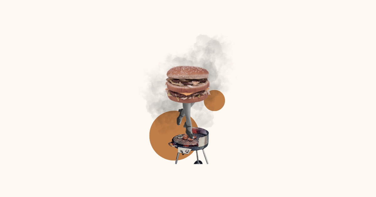 Illustration surréaliste d’un hamburger géant avec des jambes humaines marchant sur un barbecue en flammes, entouré de fumée — une métaphore visuelle du débat autour du barbecue et du cancer.