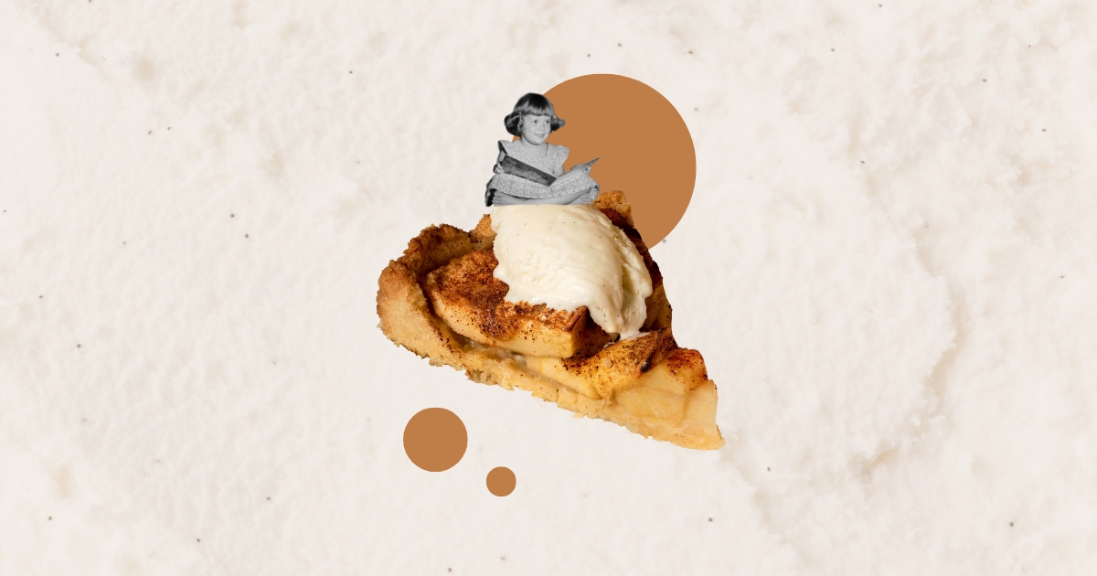 Tarte aux pommes avec crème glacée et collage d’un enfant en noir et blanc, illustrant la tension entre le repas principal et le dessert, dans un article qui parle de la phrase 